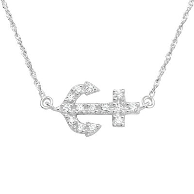 Silver Inline Anchor Necklace with Cubic Zirconia