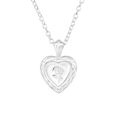 Silver Heart Rose Necklace