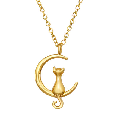 Silver Cat on Crescent Moon Necklace