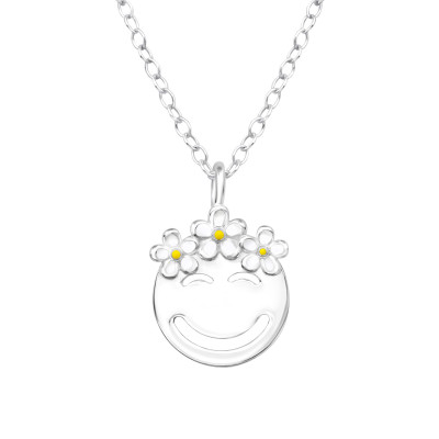 Flower Crowned Emoji Sterling Silver Necklace with Epoxy