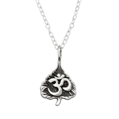 Silver Om Symbol Leaf Necklace