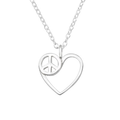 Silver Peace Symbol and Heart Necklace