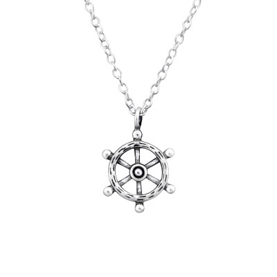 Silver Ship's Wheel Necklace