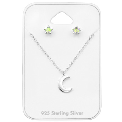 Star and Moon Sterling Silver Set and Jewelry on Card with Cubic Zirconia