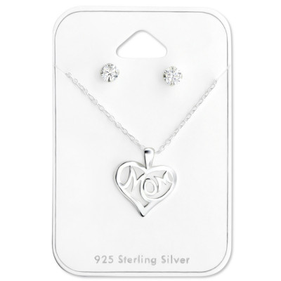 Mom Heart Sterling Silver Set and Jewelry on Card with Cubic Zirconia