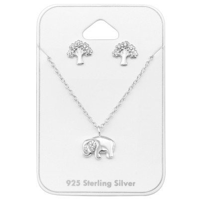 Elephant Sterling Silver Set and Jewelry on Card with Cubic Zirconia and Crystal