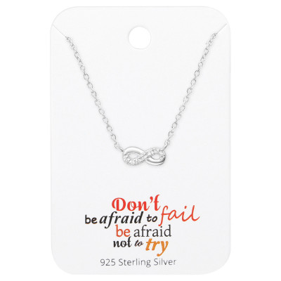 Silver Infinity Necklace with Cubic Zirconia on Motivational Quote Card