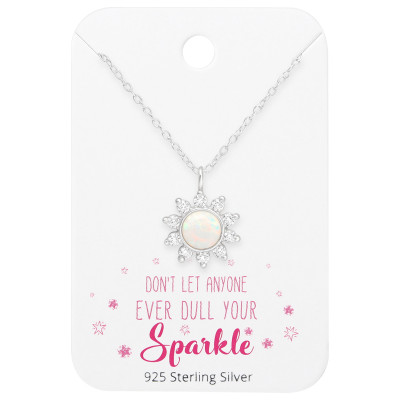 Silver Sun Necklace with Cubic Zirconia and Synthetic Opal on Motivational Quote Card