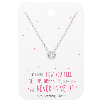 Silver Round Necklaces with Cubic Zirconia on Motivational Quote Card