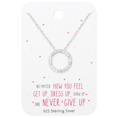 Silver Circle Necklace with Crystal on Motivational Quote Card