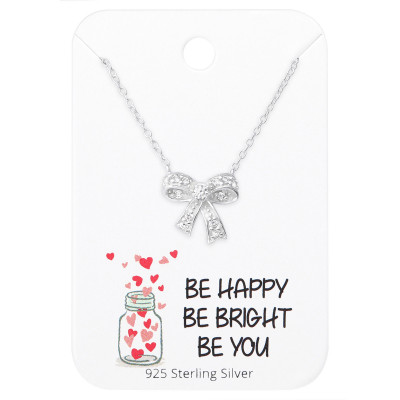Silver Bow Necklace with Cubic Zirconia on Motivational Quote Card