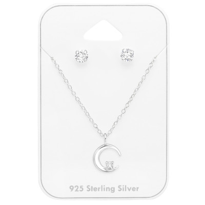 Silver Crescent Moon Set on Card with Cubic Zirconia