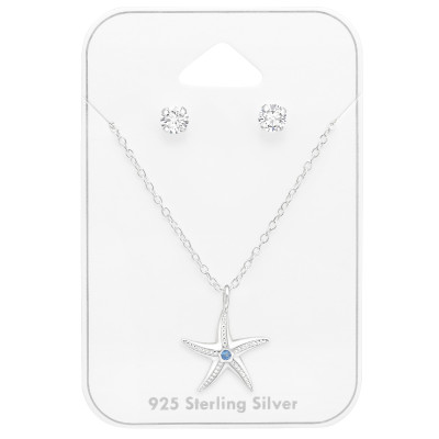 Silver Starfish Set on Card with Cubic Zirconia