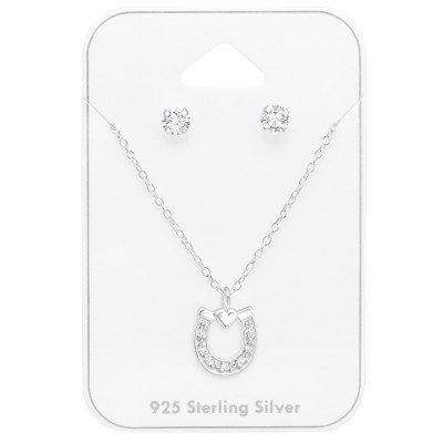 Silver Horseshoe Set on Card with Cubic Zirconia