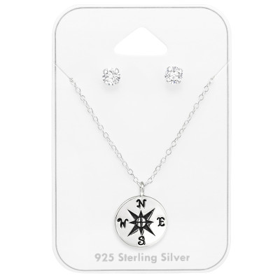 Silver Compass Set on Card with Cubic Zirconia