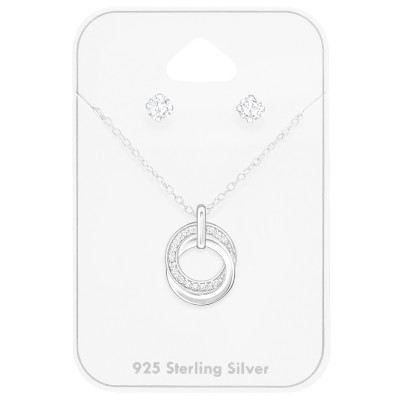 Circles Necklace Sterling Silver Set on Card with Cubic Zirconia Ear Studs