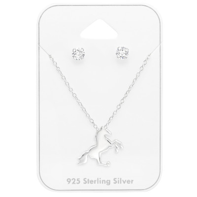 Silver Horse Set on Card with Cubic Zirconia