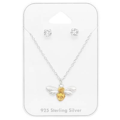 Silver Bee Set on Card with Cubic Zirconia