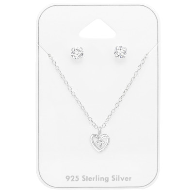 Silver Heart Set on Card with Cubic Zirconia