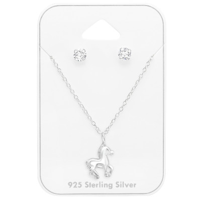 Silver Horse Set on Card with Cubic Zirconia