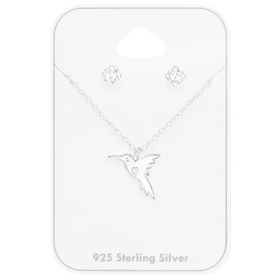 Hummingbird Sterling Silver Set on Card with Cubic Zirconia Ear Studs 