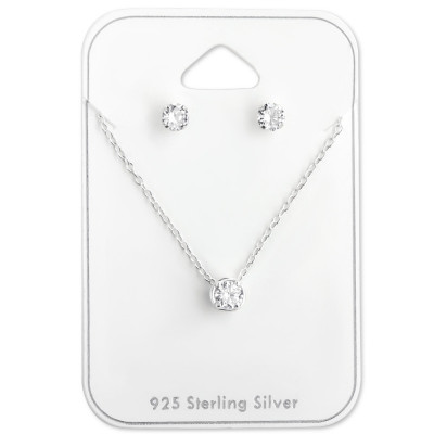 Round Sterling Silver Set and Jewelry on Card with Cubic Zirconia