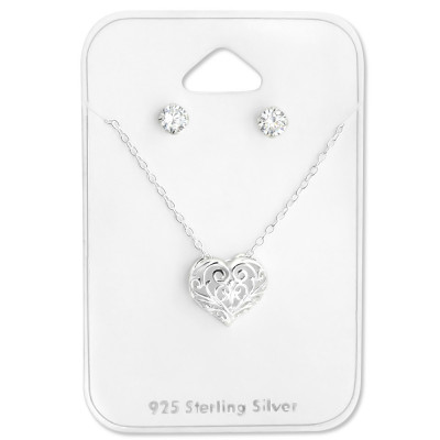 Heart Sterling Silver Set and Jewelry on Card with Cubic Zirconia