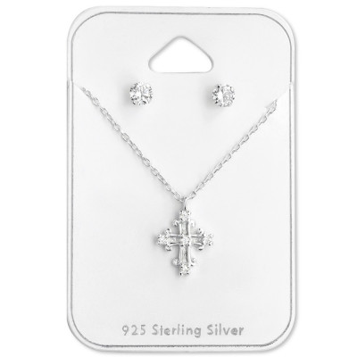 Silver Cross Set with Cubic Zirconia On Card