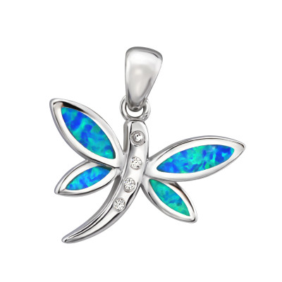 Silver Dragonfly Pendant with Cubic Zirconia and Synthetic Opal