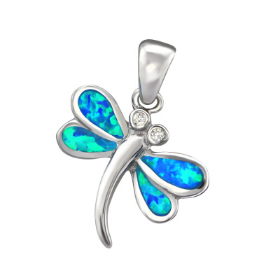 Silver Dragonfly Pendant with Cubic Zirconia and Synthetic Opal