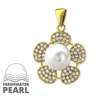 Flower Sterling Silver Pendant with Cubic Zirconia and Pearl