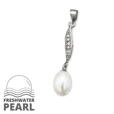 Long Sterling Silver Pendant with Cubic Zirconia and Pearl