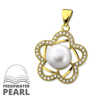 Flower Sterling Silver Pendant with Cubic Zirconia and Pearl