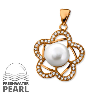 Flower Sterling Silver Pendant with Cubic Zirconia and Pearl