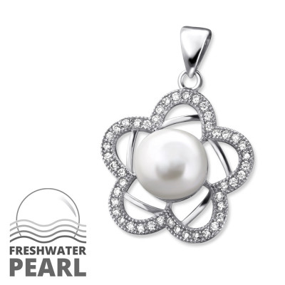 Flower Sterling Silver Pendant with Cubic Zirconia and Pearl