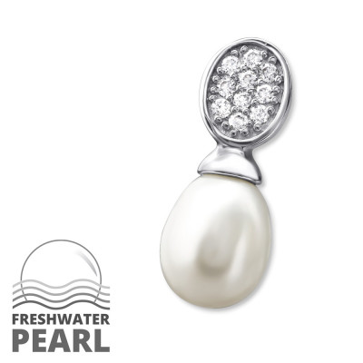 Oval Sterling Silver Pendant with Cubic Zirconia and Pearl