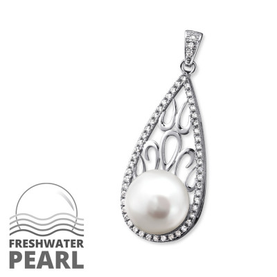 Teardrop Sterling Silver Pendant with Cubic Zirconia and Pearl