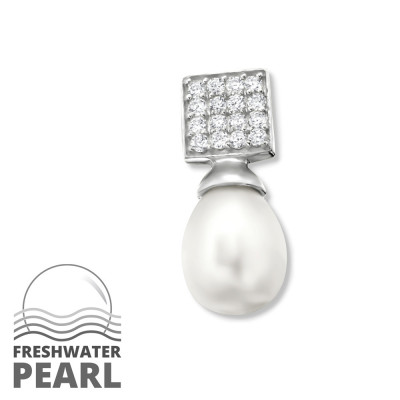 Square Sterling Silver Pendant with Cubic Zirconia and Pearl