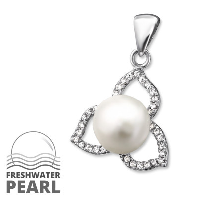 Flower Sterling Silver Pendant with Cubic Zirconia and Pearl