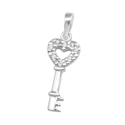 Silver Heart Key Pendant with Cubic Zirconia