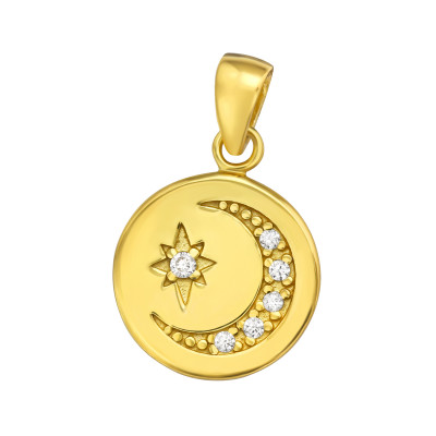 Silver Moon and Star Pendant with Cubic Zirconia