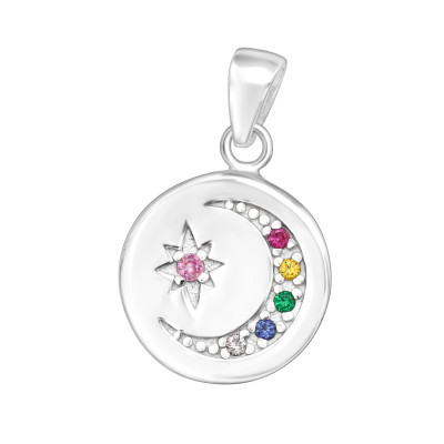 Silver Moon and Star Pendant with Cubic Zirconia