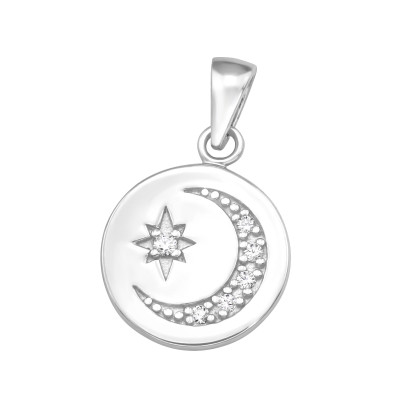 Silver Moon and Star Pendant with Cubic Zirconia