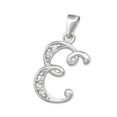 Initial E Sterling Silver Pendant with Cubic Zirconia