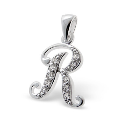 Initial R Sterling Silver Pendant with Cubic Zirconia