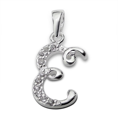 Initial E Sterling Silver Pendant with Cubic Zirconia