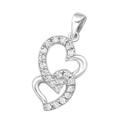 Double Heart Sterling Silver Pendant with Cubic Zirconia