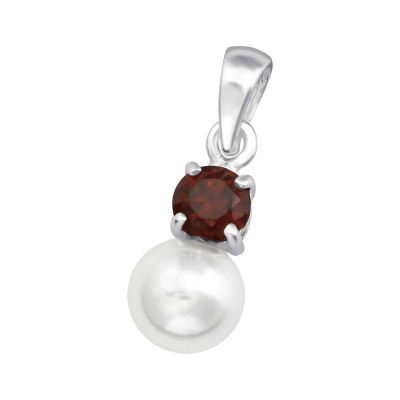 Silver Round Pendant with Cubic Zirconia and Synthetic Pearl