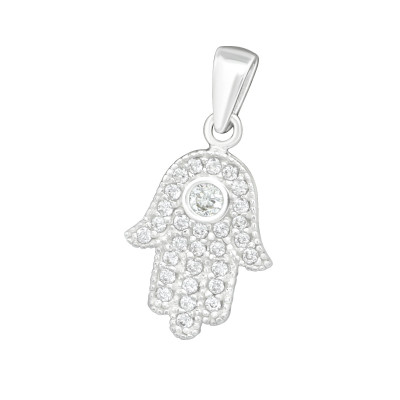 Silver Hamsa Hand Pendant with Cubic Zirconia