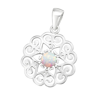 Silver Flower Pendant with Synthetic Opal